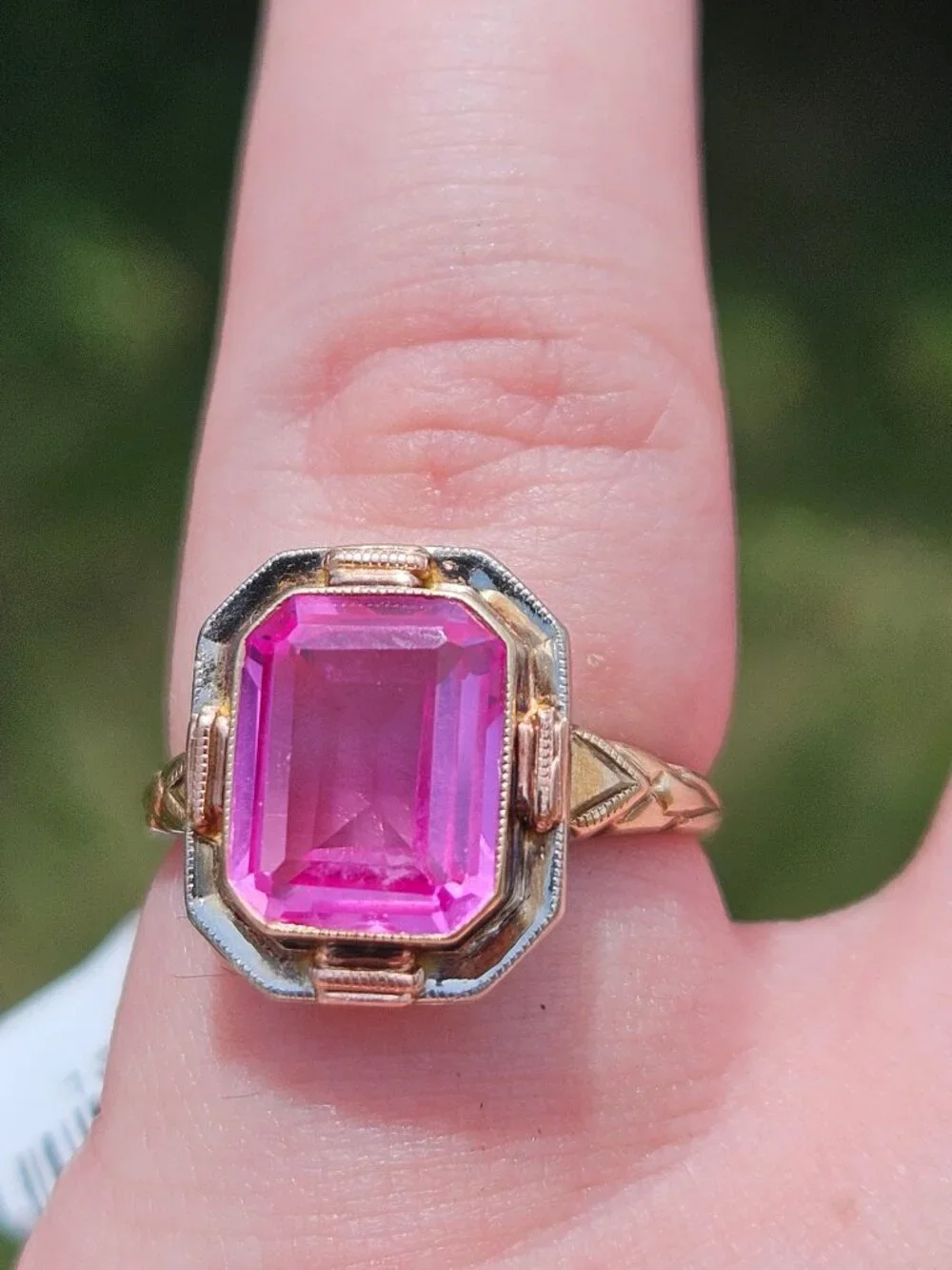 Vintage 10K Yellow Gold Pink Ice Topaz Emerald Cut Cocktail Ring Size 5.75